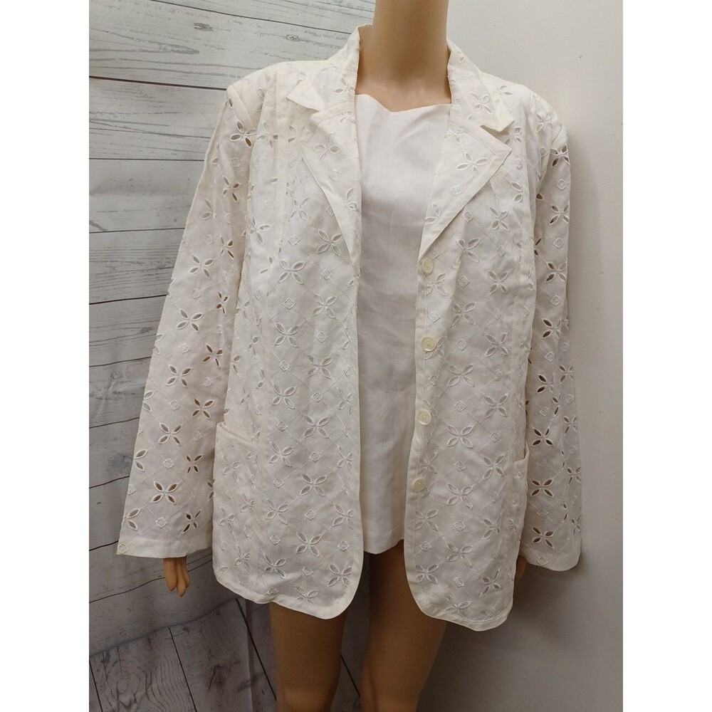 Lino USA Jacket & Top Women 1X Ivory Linen Button-Up Lined Cut-Out Embroidery